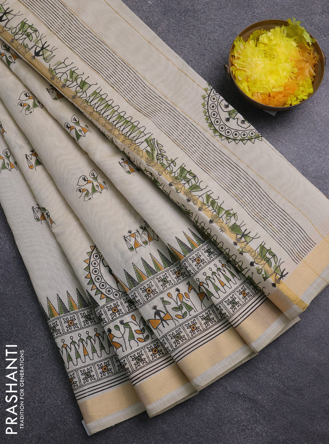 Chirala cotton saree cream and green with warli butta prints and zari woven border