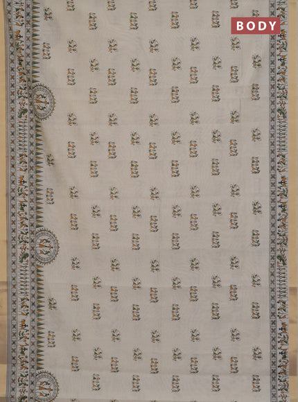 Chirala cotton saree cream and green with warli butta prints and zari woven border