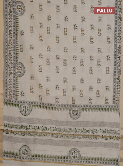 Chirala cotton saree cream and green with warli butta prints and zari woven border
