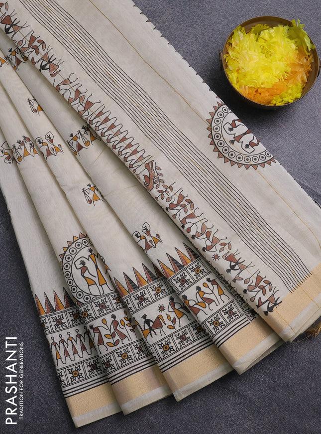 Chirala cotton saree cream and brown with warli butta prints and zari woven border