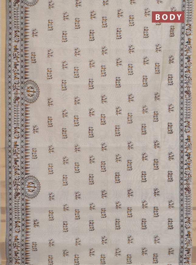 Chirala cotton saree cream and brown with warli butta prints and zari woven border