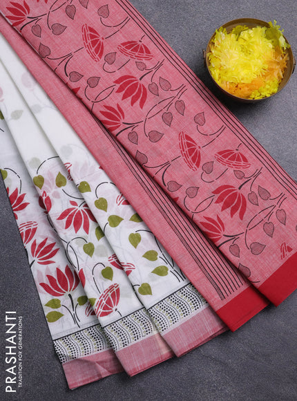 Chirala cotton saree off white and red with allover floral prints and printed border
