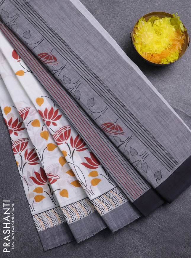 Chirala cotton saree off white and black grey with allover floral prints and printed border