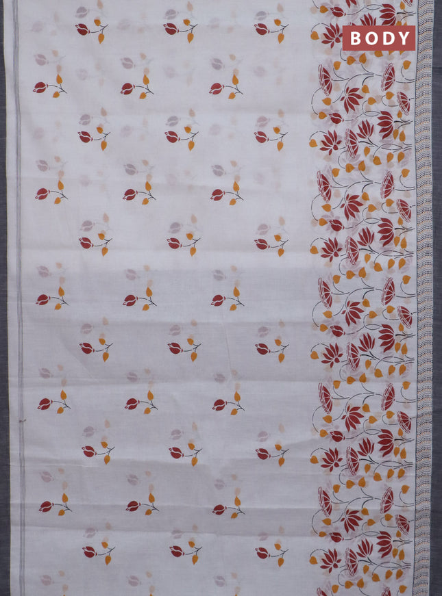 Chirala cotton saree off white and black grey with allover floral prints and printed border
