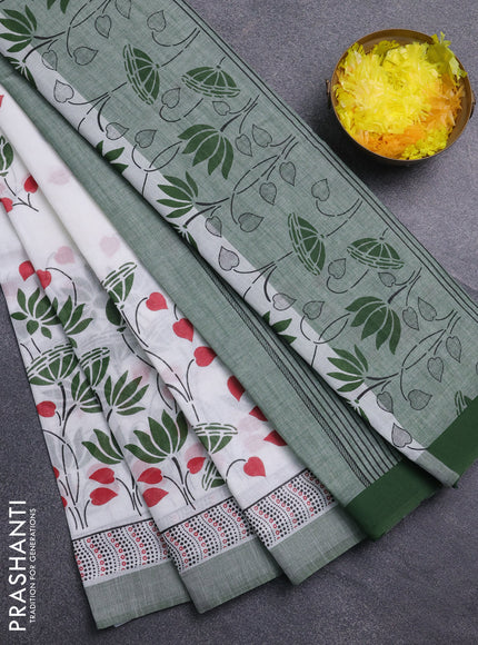 Chirala cotton saree off white and green with allover floral prints and printed border