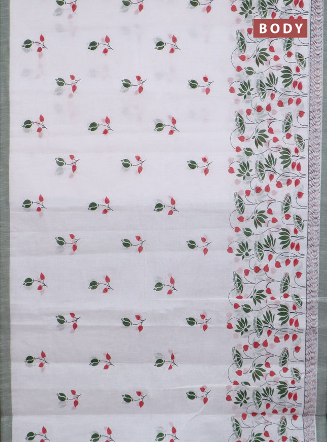 Chirala cotton saree off white and green with allover floral prints and printed border