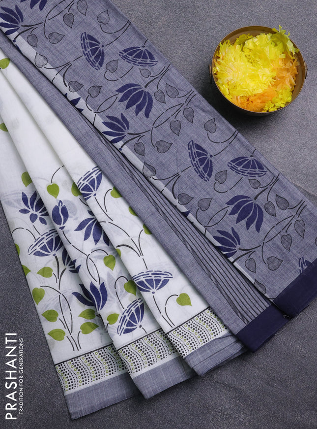 Chirala cotton saree off white and blue grey with allover floral prints and printed border