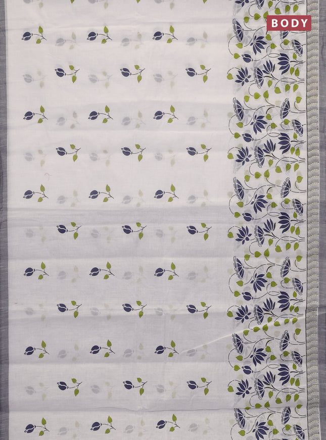 Chirala cotton saree off white and blue grey with allover floral prints and printed border