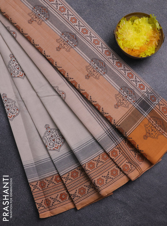 Chirala cotton saree beige and orange with butta prints and printed border