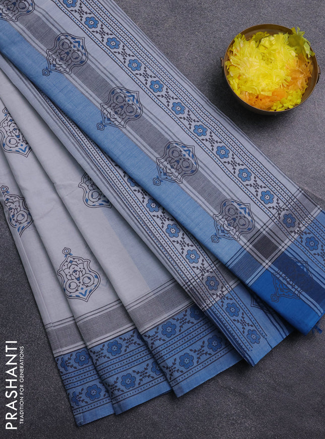 Chirala cotton saree pastel grey and cs blue with butta prints and printed border