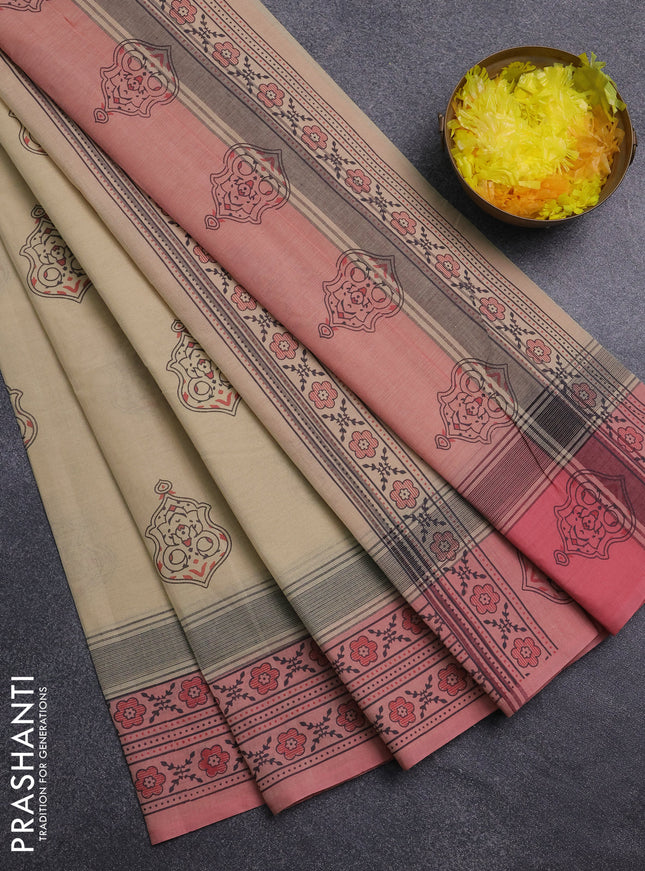 Chirala cotton saree cream and peach pink with butta prints and printed border
