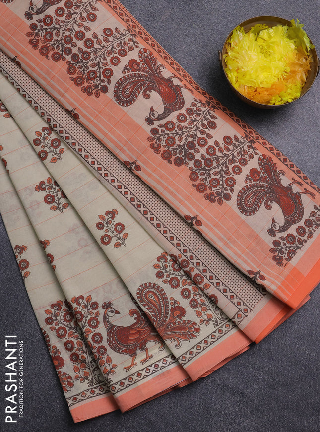 Chirala cotton saree cream and orange with allover butta prints and printed border