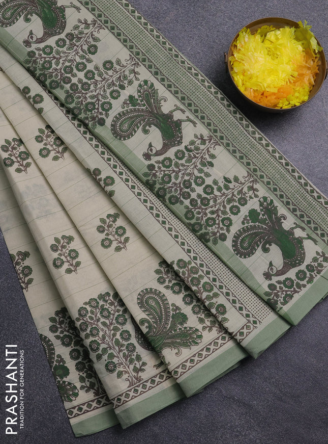 Chirala cotton saree cream and pastel green with allover butta prints and printed border