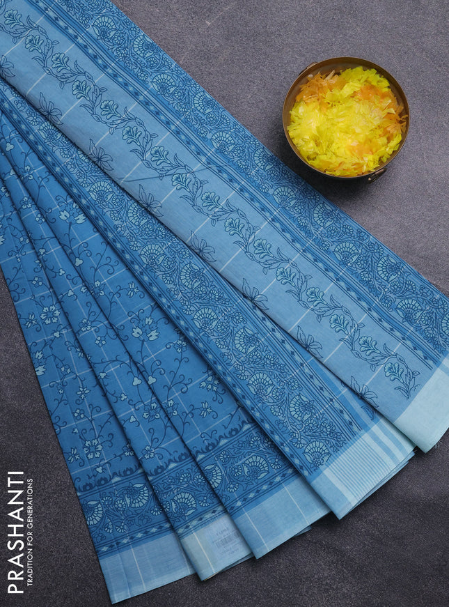 Chirala cotton saree teal blue and blue shade with allover prints and printed border