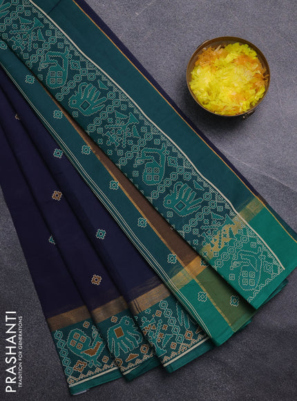 Chirala cotton saree navy blue and teal green with butta prints and zari woven printed border