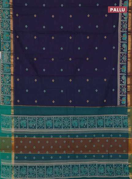Chirala cotton saree navy blue and teal green with butta prints and zari woven printed border