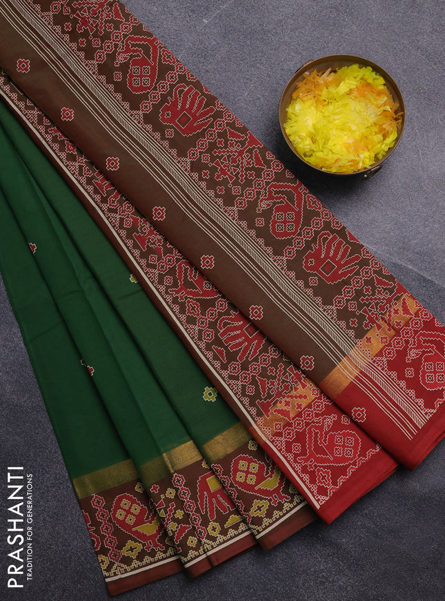 Chirala cotton saree green and dual shade of rust with butta prints and zari woven printed border