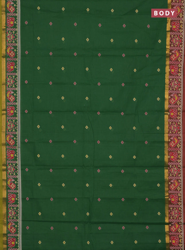 Chirala cotton saree green and dual shade of rust with butta prints and zari woven printed border