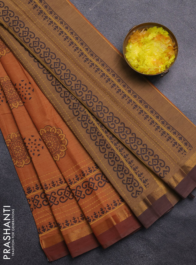 Chirala cotton saree mustard yellow and brown with butta prints and long printed border