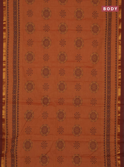Chirala cotton saree mustard yellow and brown with butta prints and long printed border