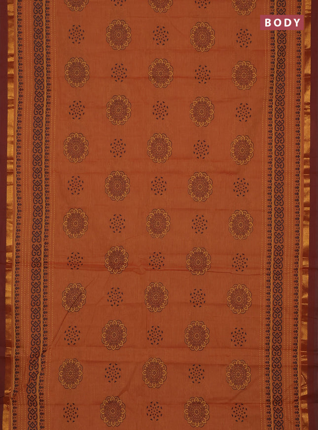 Chirala cotton saree mustard yellow and brown with butta prints and long printed border