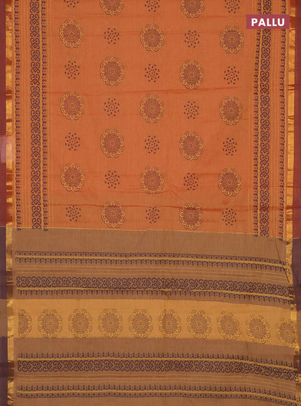 Chirala cotton saree mustard yellow and brown with butta prints and long printed border
