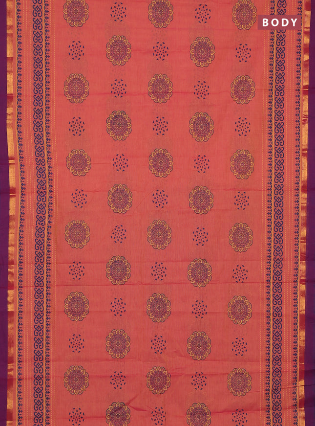 Chirala cotton saree dual shade of pink and peacock blue with butta prints and long printed border