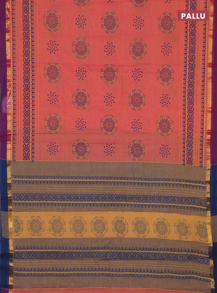 Chirala cotton saree dual shade of pink and peacock blue with butta prints and long printed border