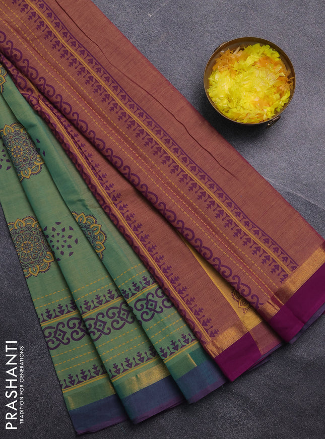 Chirala cotton saree dual shade of green and purple with butta prints and long printed border