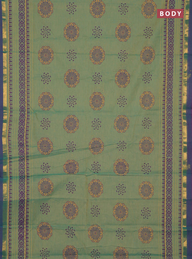 Chirala cotton saree dual shade of green and purple with butta prints and long printed border