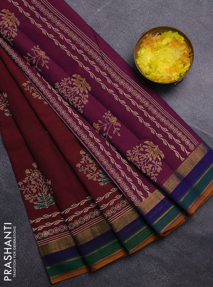 Chirala cotton saree maroon and dark mustard with butta prints and printed zari woven border