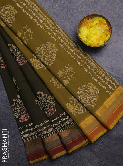 Chirala cotton saree olive green and mustard yellow with butta prints and printed zari woven border