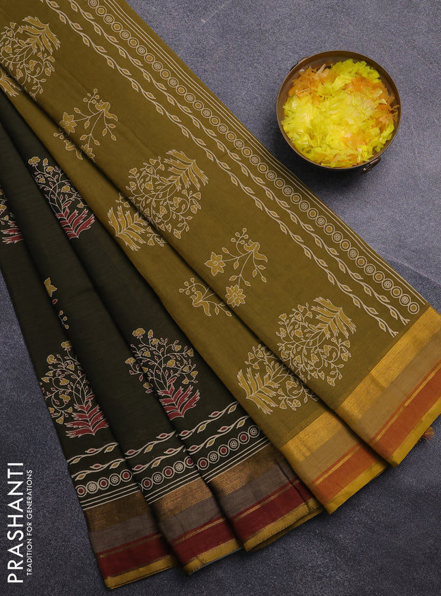 Chirala cotton saree olive green and mustard yellow with butta prints and printed zari woven border