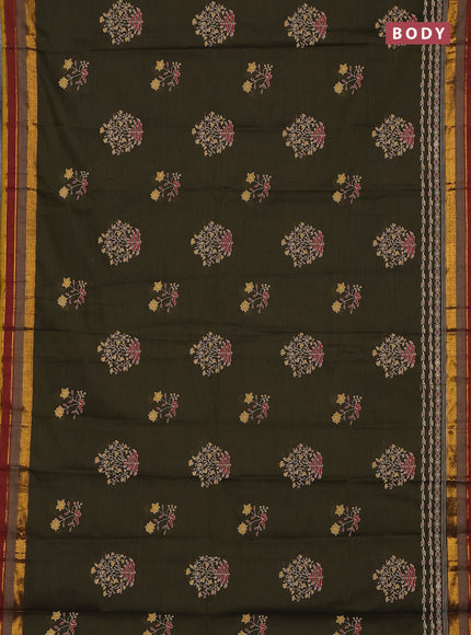 Chirala cotton saree olive green and mustard yellow with butta prints and printed zari woven border