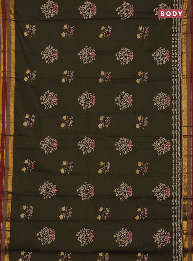 Chirala cotton saree olive green and mustard yellow with butta prints and printed zari woven border