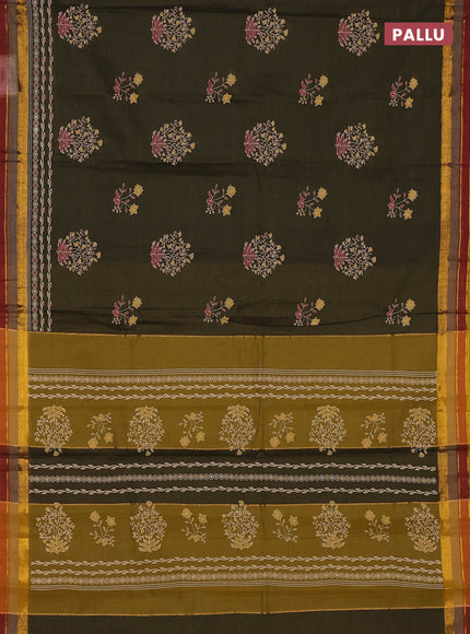 Chirala cotton saree olive green and mustard yellow with butta prints and printed zari woven border