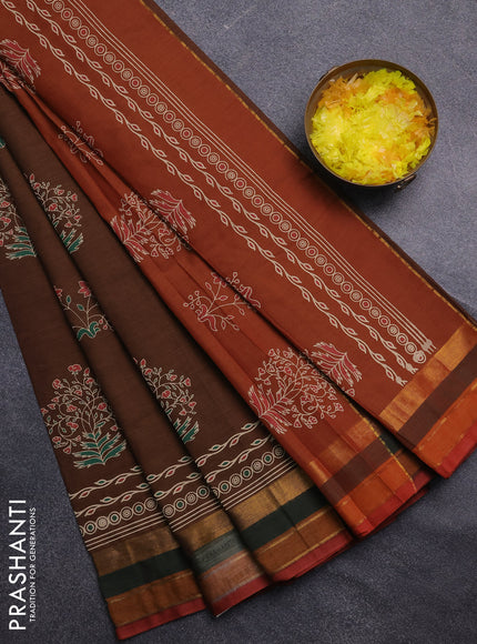 Chirala cotton saree dark mustard and rust shade with butta prints and printed zari woven border