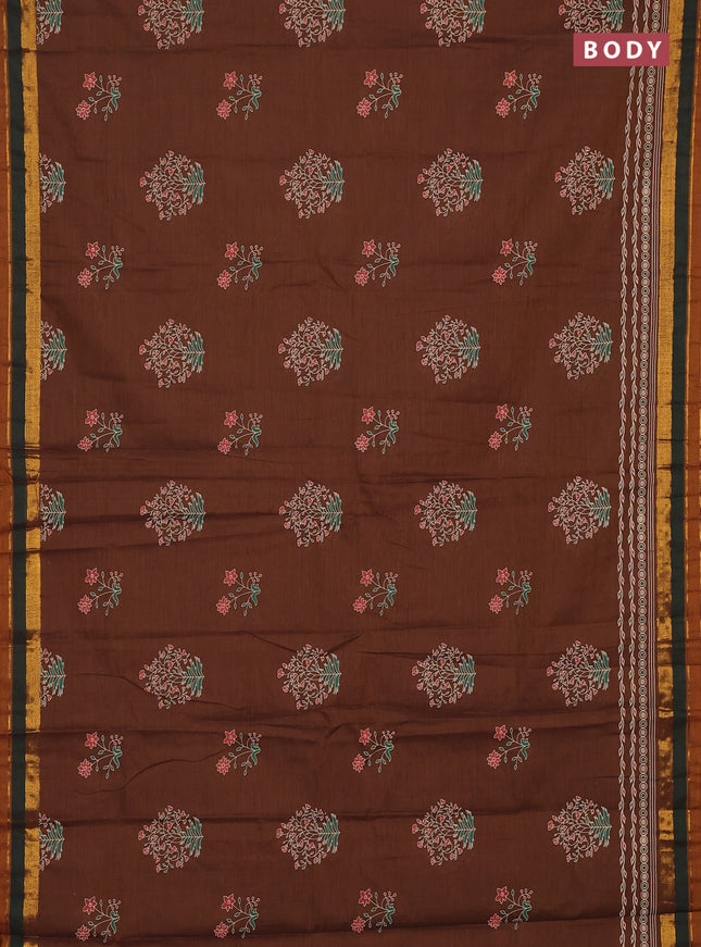 Chirala cotton saree dark mustard and rust shade with butta prints and printed zari woven border