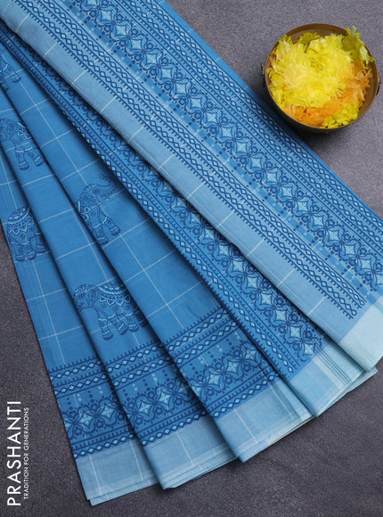 Chirala cotton saree blue and teal blue with allover elephant butta prints and printed border