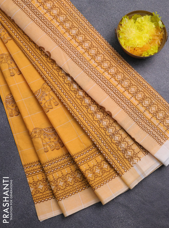 Chirala cotton saree yellow and pale yellow with allover elephant butta prints and printed border
