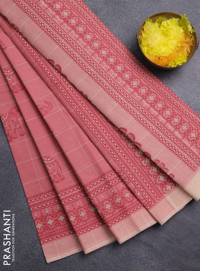 Chirala cotton saree dark peach and sandal with allover elephant butta prints and printed border