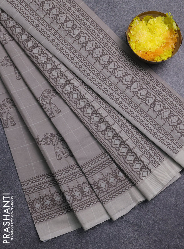 Chirala cotton saree pastel grey with allover elephant butta prints and printed border