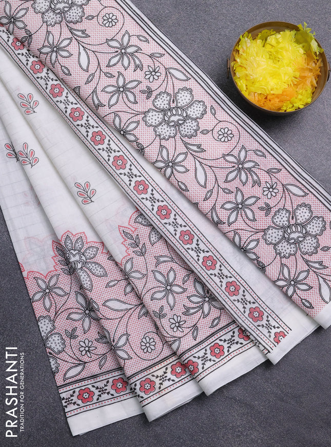 Chirala cotton saree off white and red shade with allover silver zari stripe & butta prints and long printed border