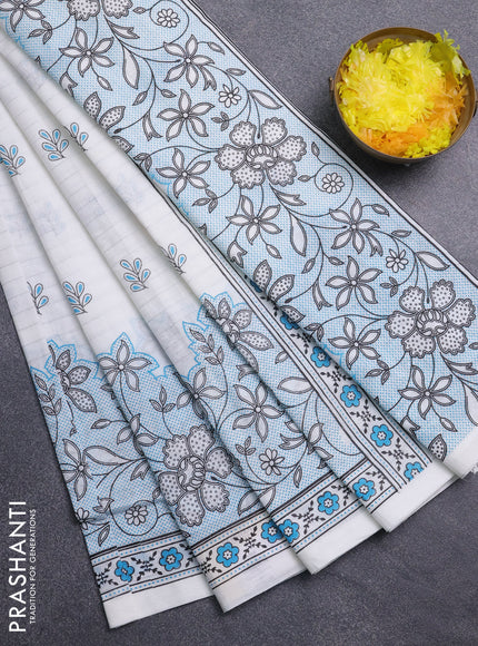 Chirala cotton saree off white and light blue with allover silver zari stripe & butta prints and long printed border