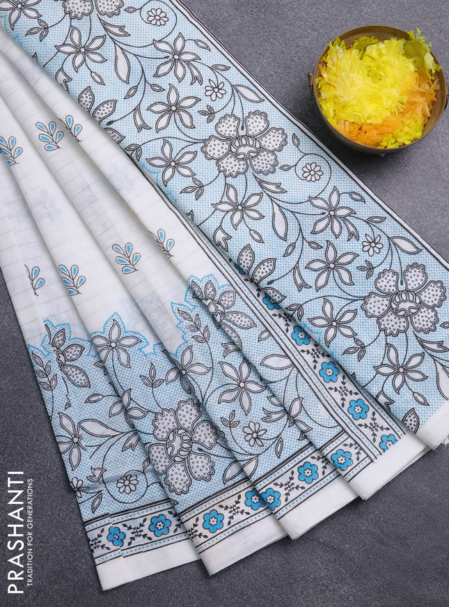 Chirala cotton saree off white and light blue with allover silver zari stripe & butta prints and long printed border