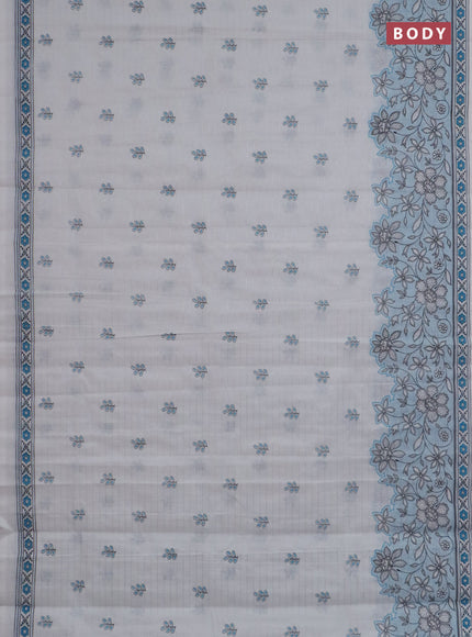 Chirala cotton saree off white and light blue with allover silver zari stripe & butta prints and long printed border
