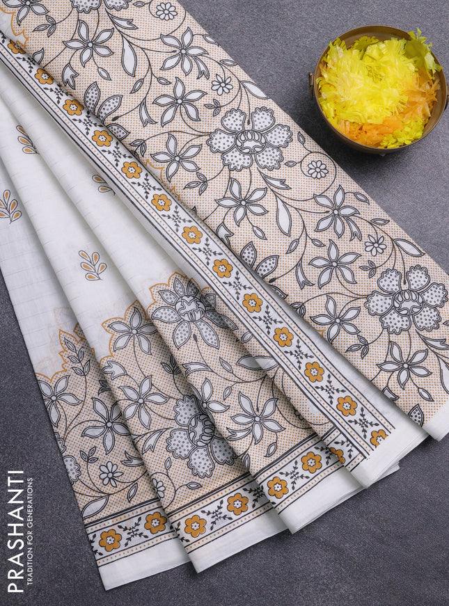Chirala cotton saree off white and mustard yellow with allover silver zari stripe & butta prints and long printed border