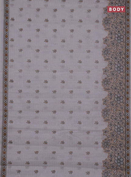 Chirala cotton saree off white and mustard yellow with allover silver zari stripe & butta prints and long printed border