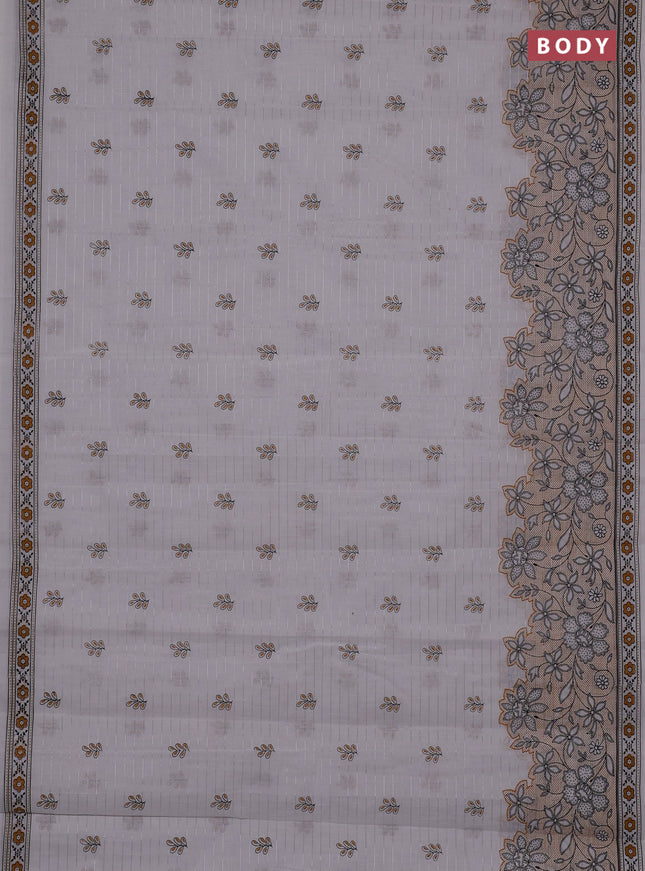 Chirala cotton saree off white and mustard yellow with allover silver zari stripe & butta prints and long printed border