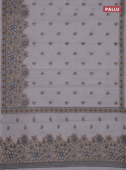 Chirala cotton saree off white and mustard yellow with allover silver zari stripe & butta prints and long printed border